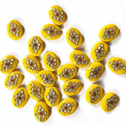 Yellow Color Oval Shape Beads With Kundan Work Pack Of 6